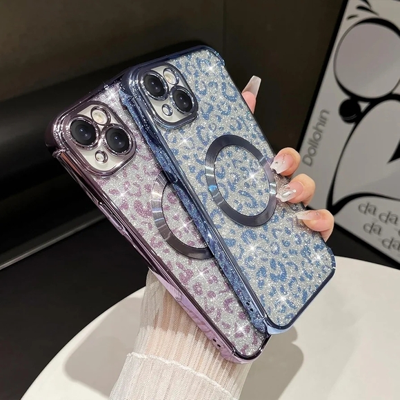 Glitter Leopard Print iPhone 15 Plus Case - Silver and Blue - Picture 9 of 11